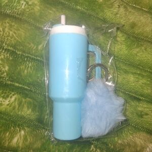 Light Blue Tumbler Keychain with Fluffy Pom Pom